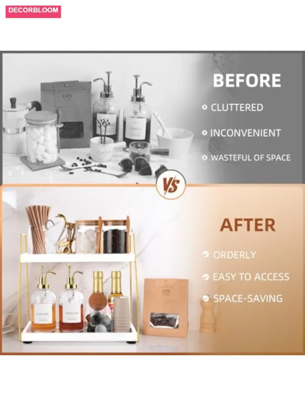 2-Tier Wooden Coffee Bar Organizer with Gold Metal Frame